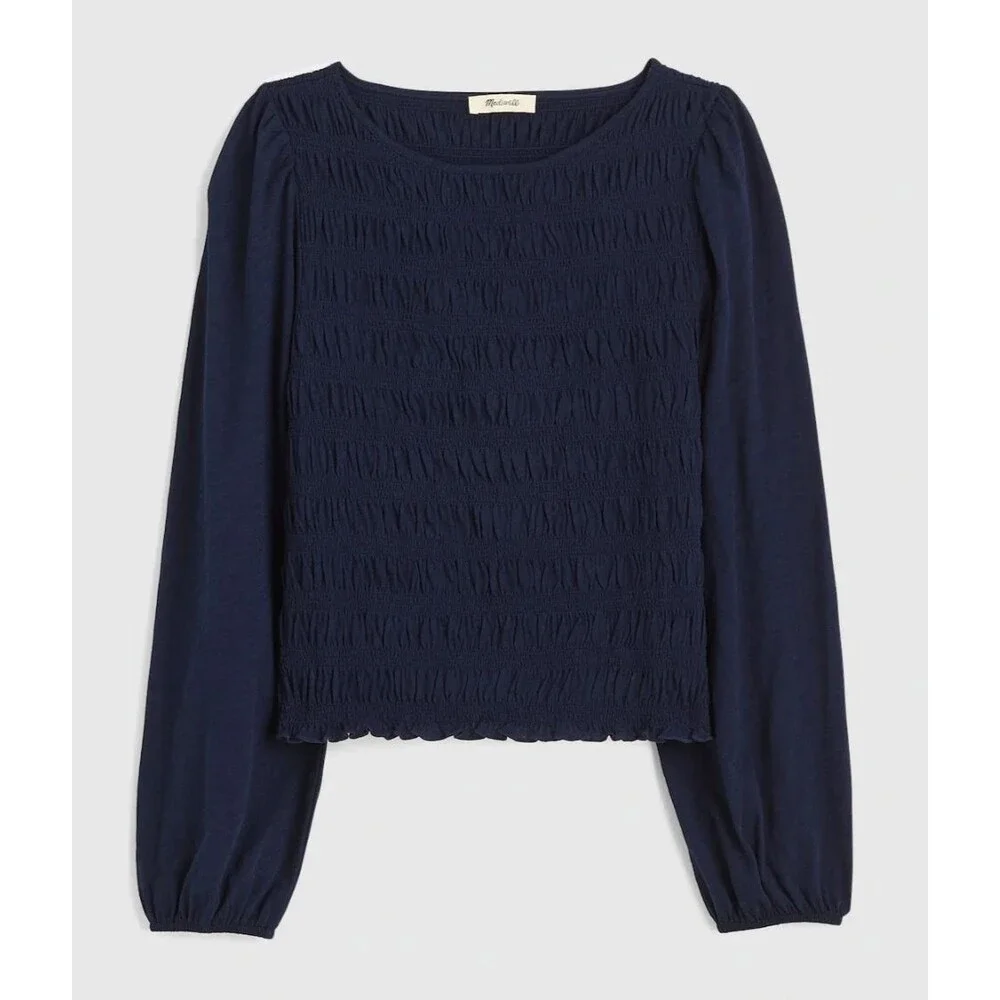 Madewell Large Smocked Boatneck Top Midnight Navy Cotton Puff Sleeves Ruffle NWT
